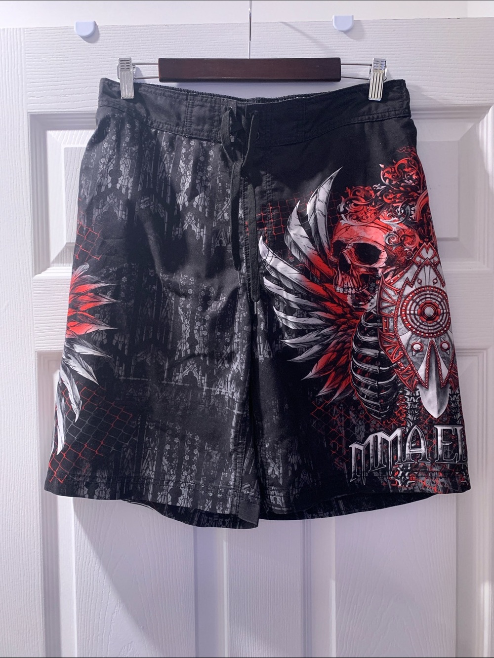 MMA Elite Black Shorts with Red & White Winged Skull Graphic
